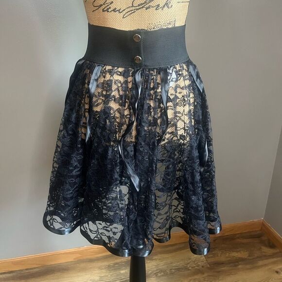 Vintage black tulle floral lace satin ribbon pleated bubble mini skirt Goth - Picture 12 of 12